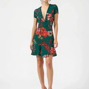PRETTYLITTLETHING Floral Criss Cross Back Mini Dress Green Size 10P